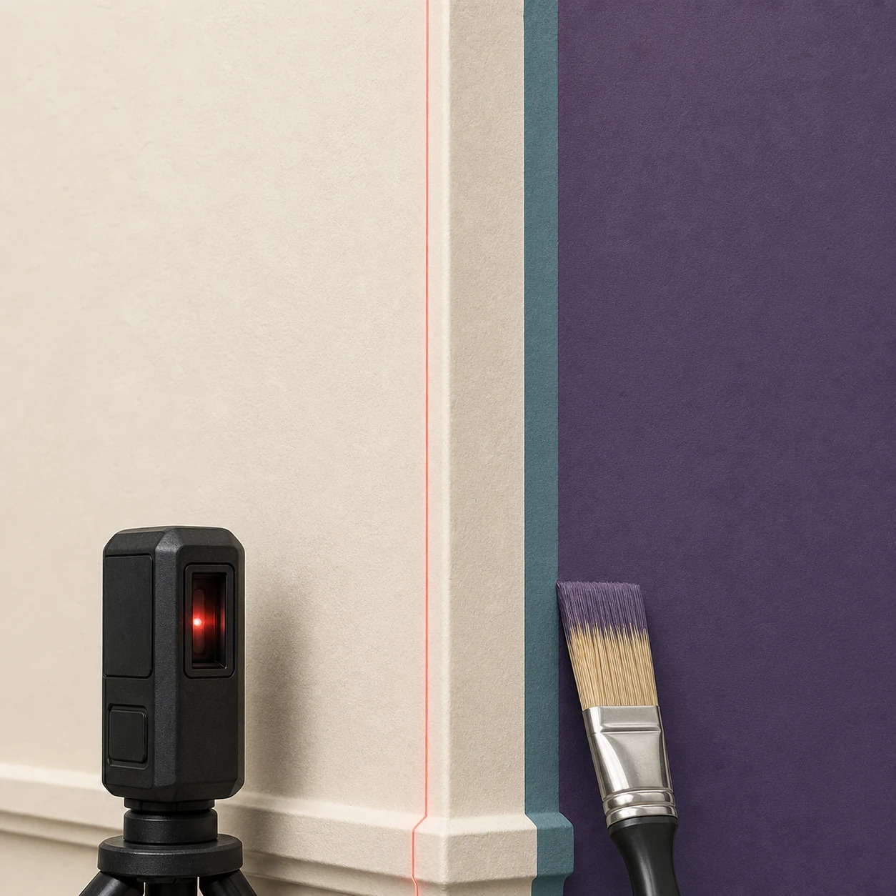 Laser projecting a sharp vertical reference for a clean transition between beige and purple paint