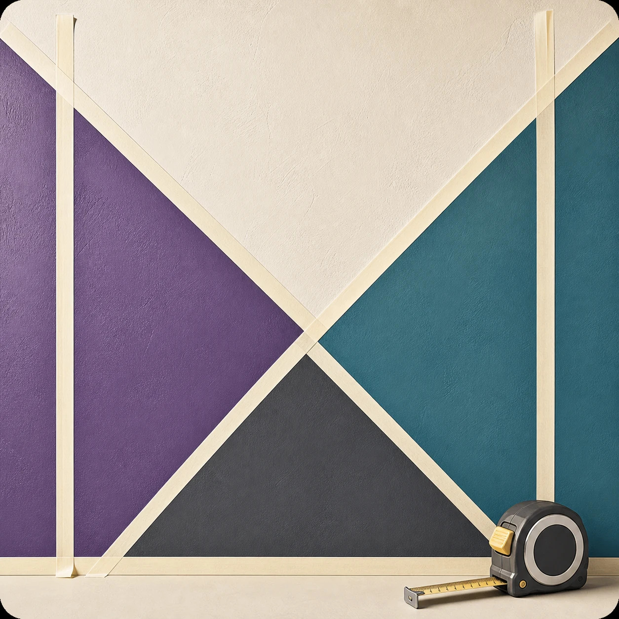 Precise geometric tape masking segmenting a wall into teal, purple, and charcoal triangles