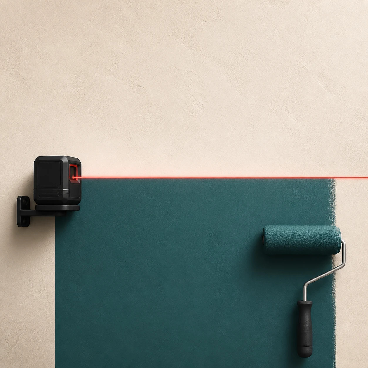 Laser level guiding a perfectly straight paint line along a teal section of wall